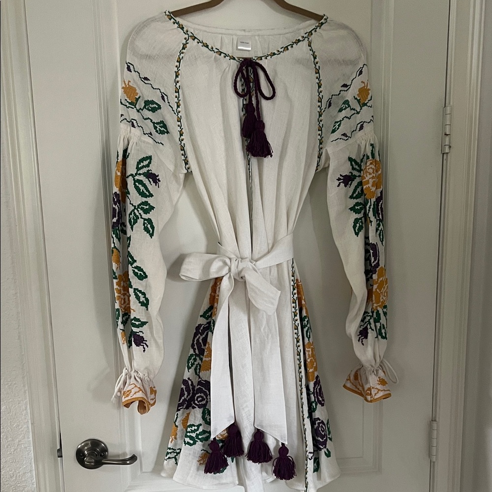 NWTLinen Hand Embroidered Ivory Dress with Royal Purple and Golden Yellow Floral